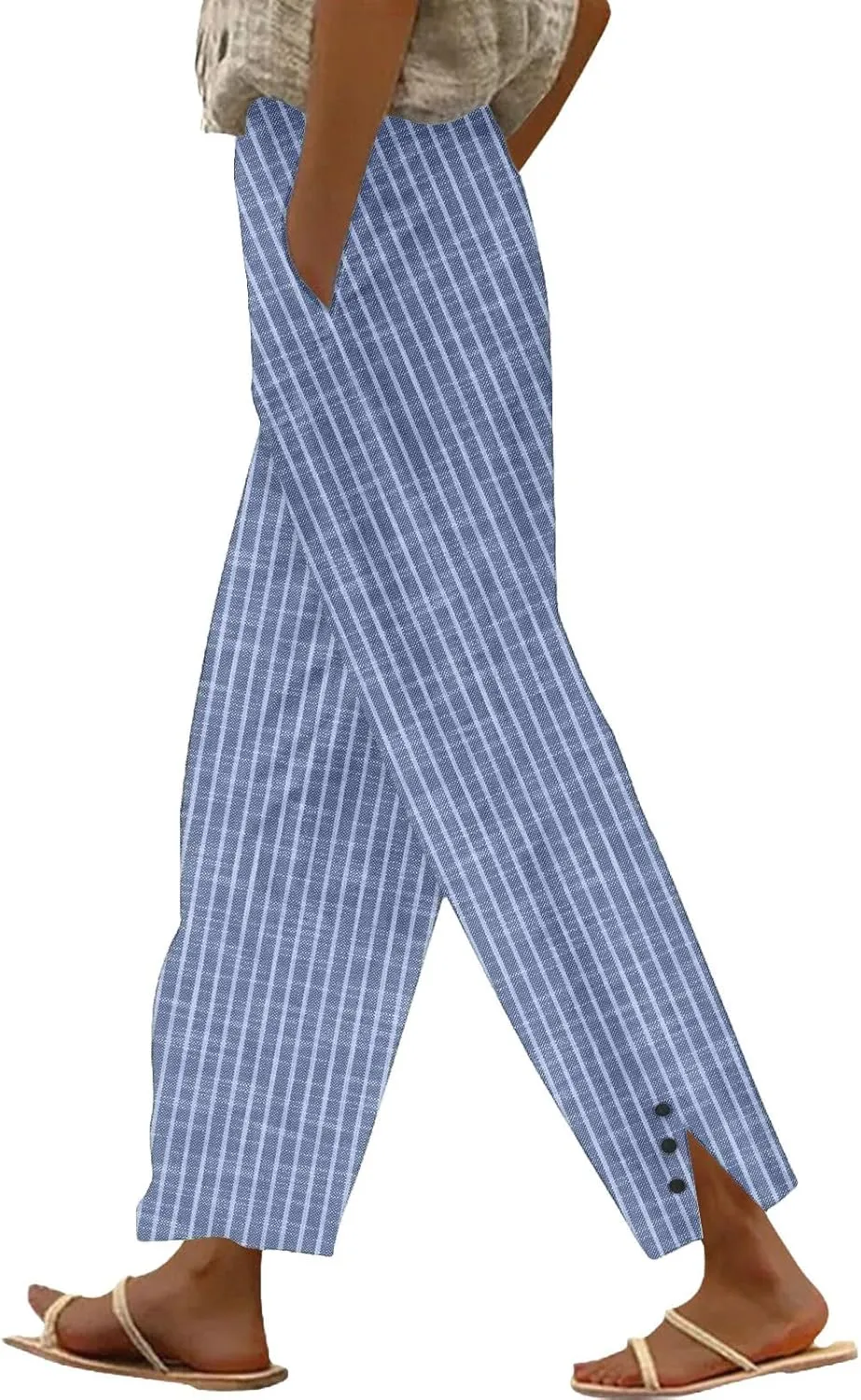 Cotton Linen Pants for Women Elastic High Waist Straight Leg Loose Comfy Summer Casual Slacks Trousers with Pockets