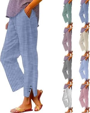 Cotton Linen Pants for Women Elastic High Waist Straight Leg Loose Comfy Summer Casual Slacks Trousers with Pockets