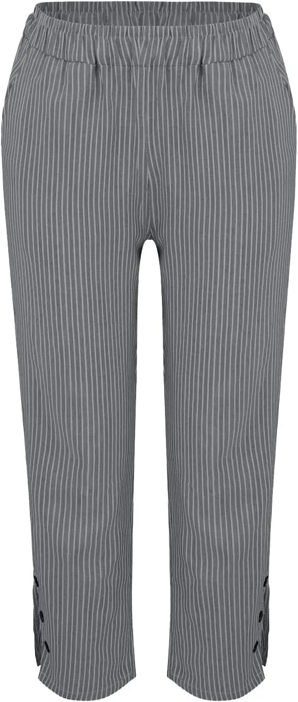 Cotton Linen Pants for Women Elastic High Waist Straight Leg Loose Comfy Summer Casual Slacks Trousers with Pockets