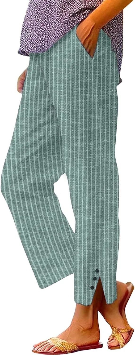 Cotton Linen Pants for Women Elastic High Waist Straight Leg Loose Comfy Summer Casual Slacks Trousers with Pockets