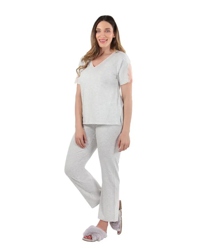 CPJ04484 Pink Lace Trim V Neck Pajama
