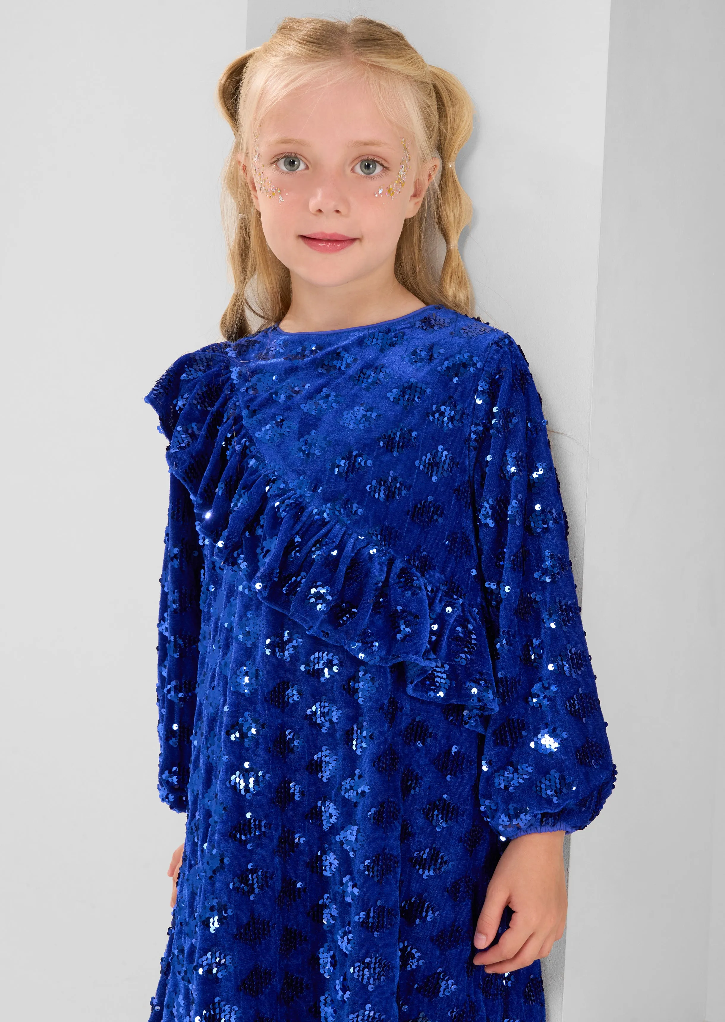 Elsie Velvet Sequin Ruffle Blue Dress