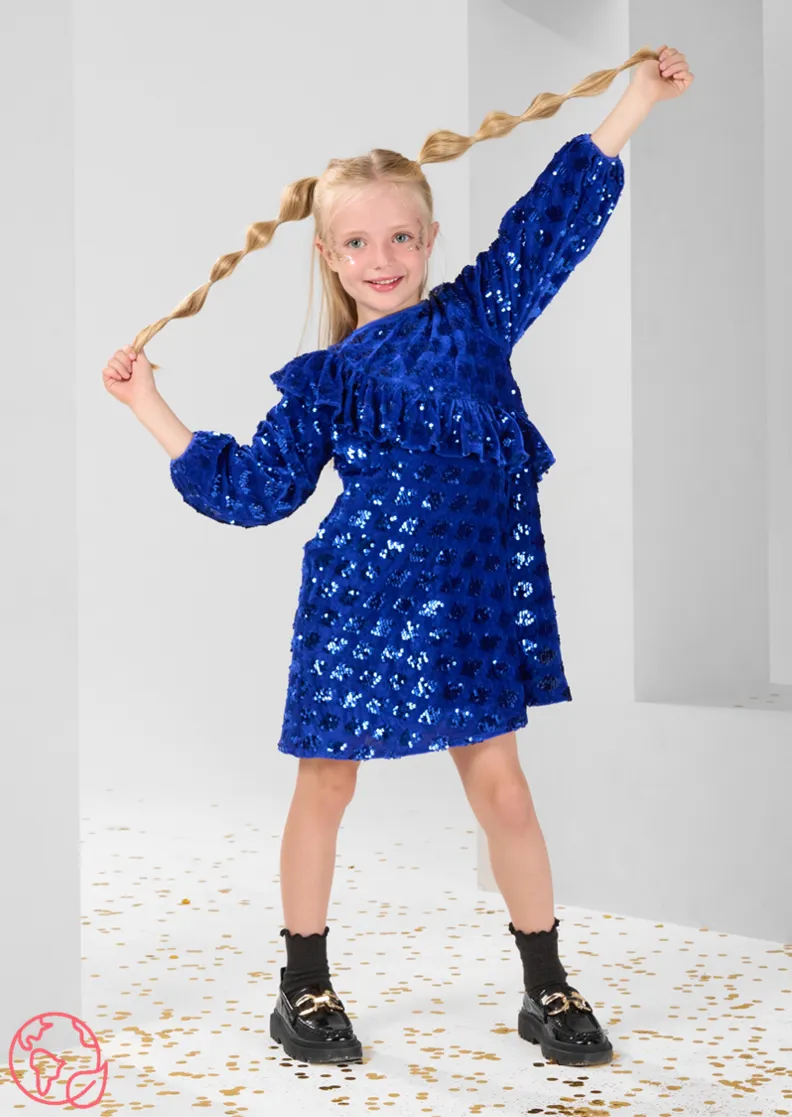 Elsie Velvet Sequin Ruffle Blue Dress