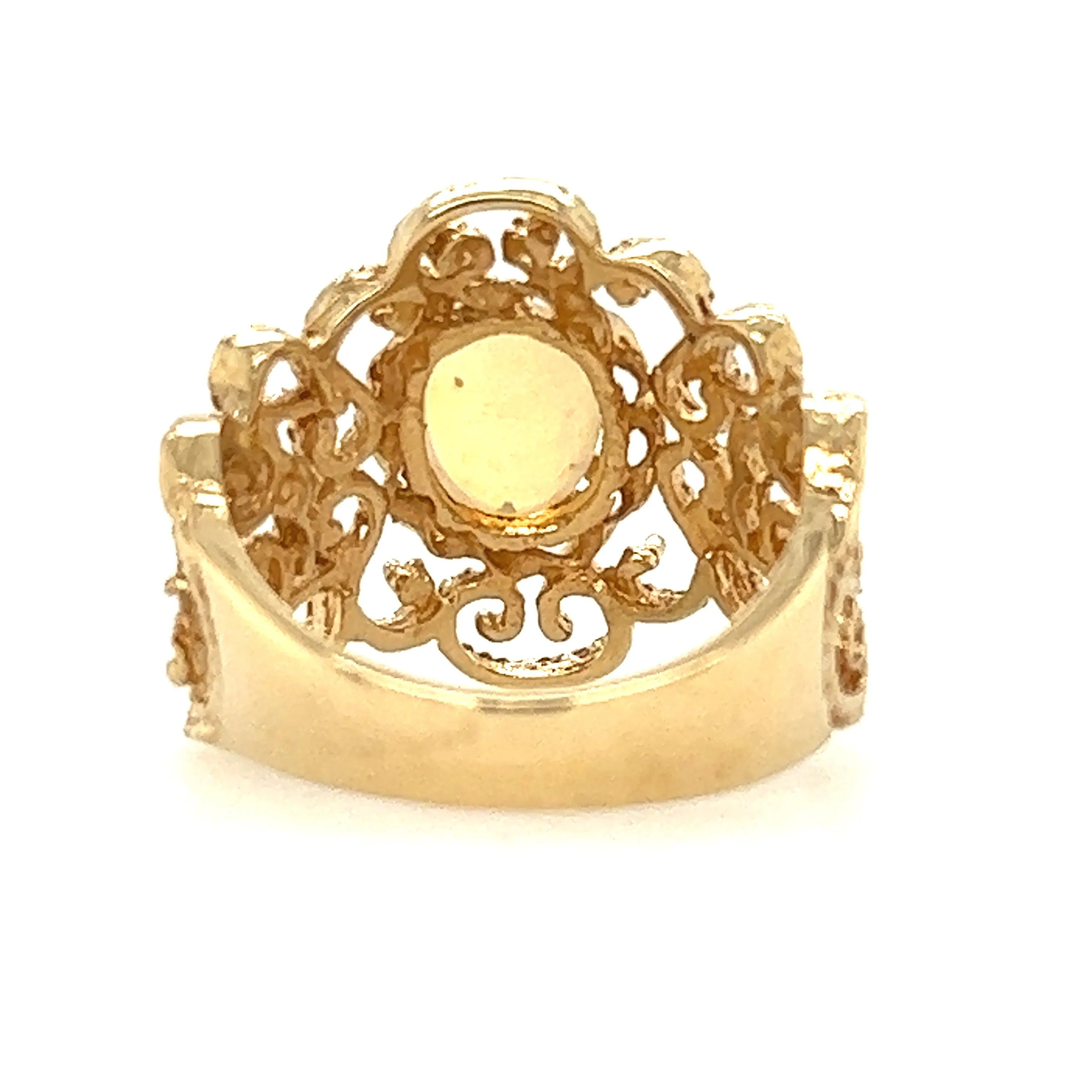 Estate Floral Themed Wide Yellow Gold Opal Ring
