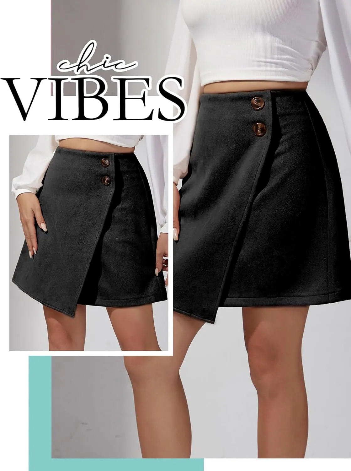 Ezcosplay Women High Waisted Faux Suede Mini Skirt Button Front Asymmetrical Hem A Line Short Skirt
