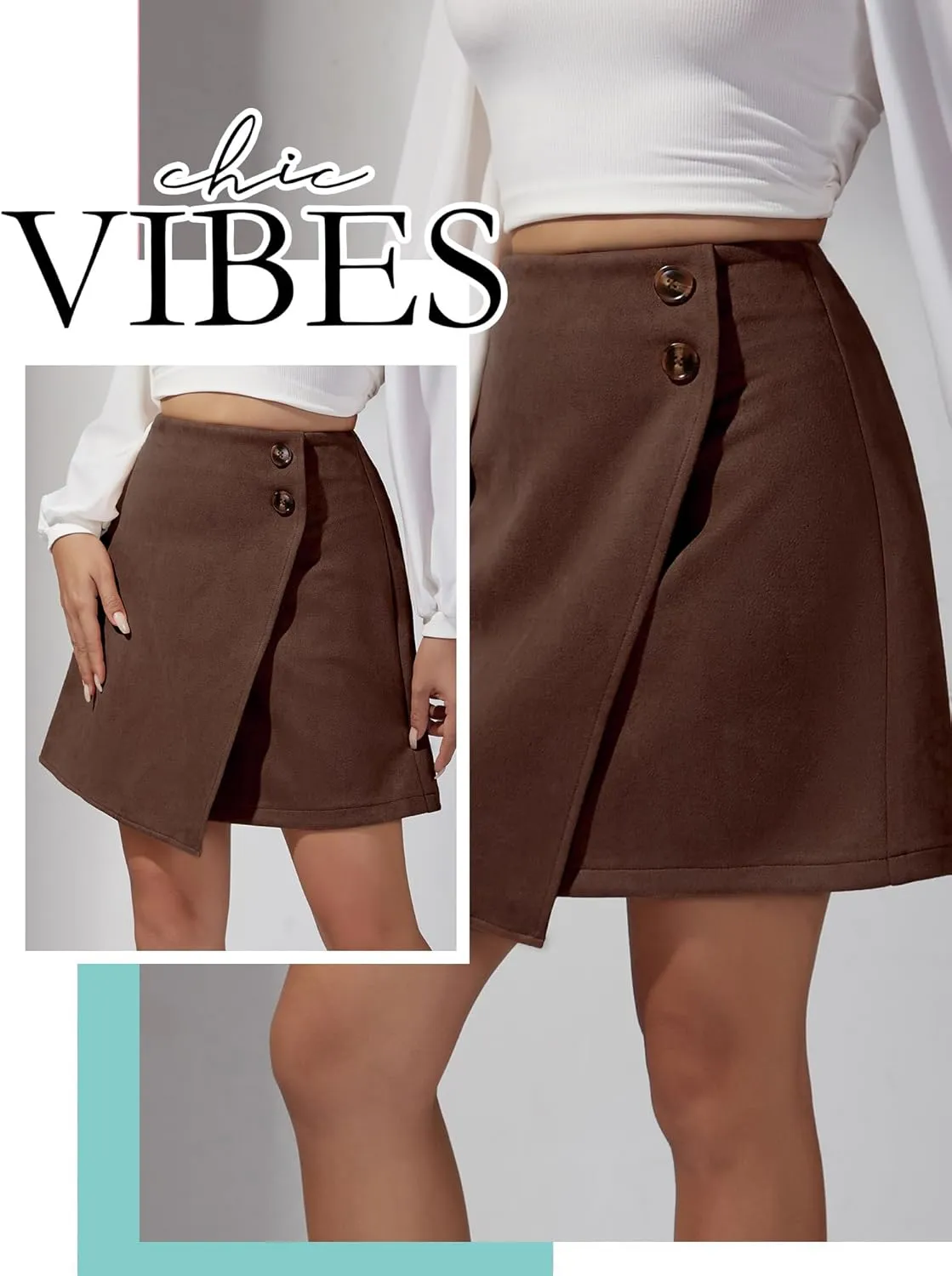 Ezcosplay Women High Waisted Faux Suede Mini Skirt Button Front Asymmetrical Hem A Line Short Skirt