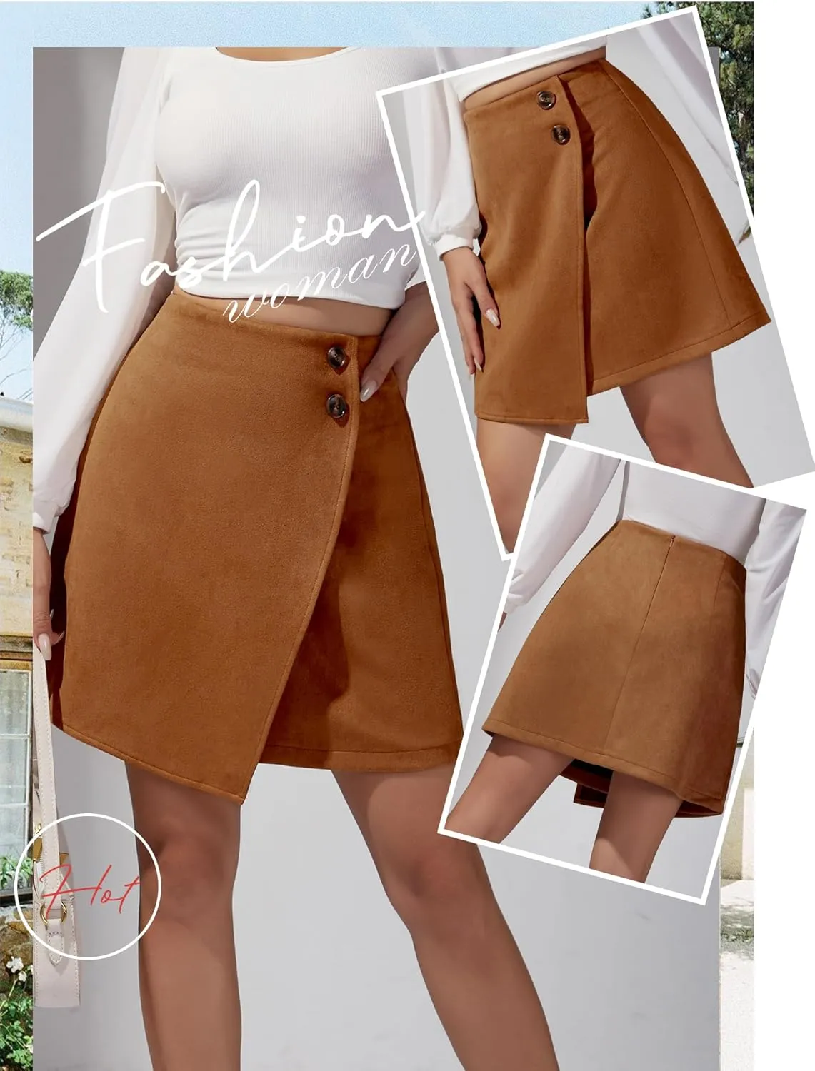 Ezcosplay Women High Waisted Faux Suede Mini Skirt Button Front Asymmetrical Hem A Line Short Skirt