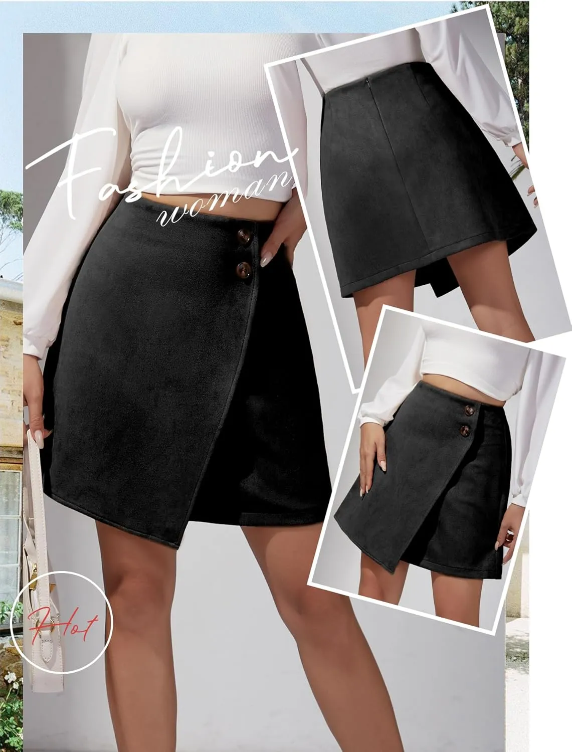 Ezcosplay Women High Waisted Faux Suede Mini Skirt Button Front Asymmetrical Hem A Line Short Skirt