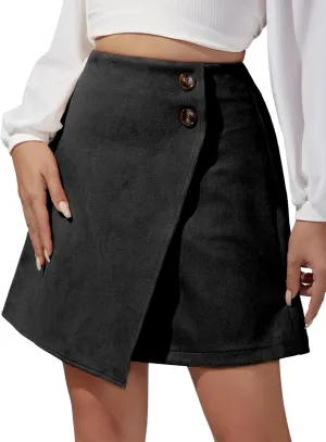 Ezcosplay Women High Waisted Faux Suede Mini Skirt Button Front Asymmetrical Hem A Line Short Skirt