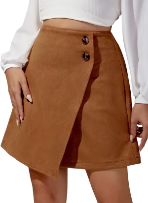 Ezcosplay Women High Waisted Faux Suede Mini Skirt Button Front Asymmetrical Hem A Line Short Skirt