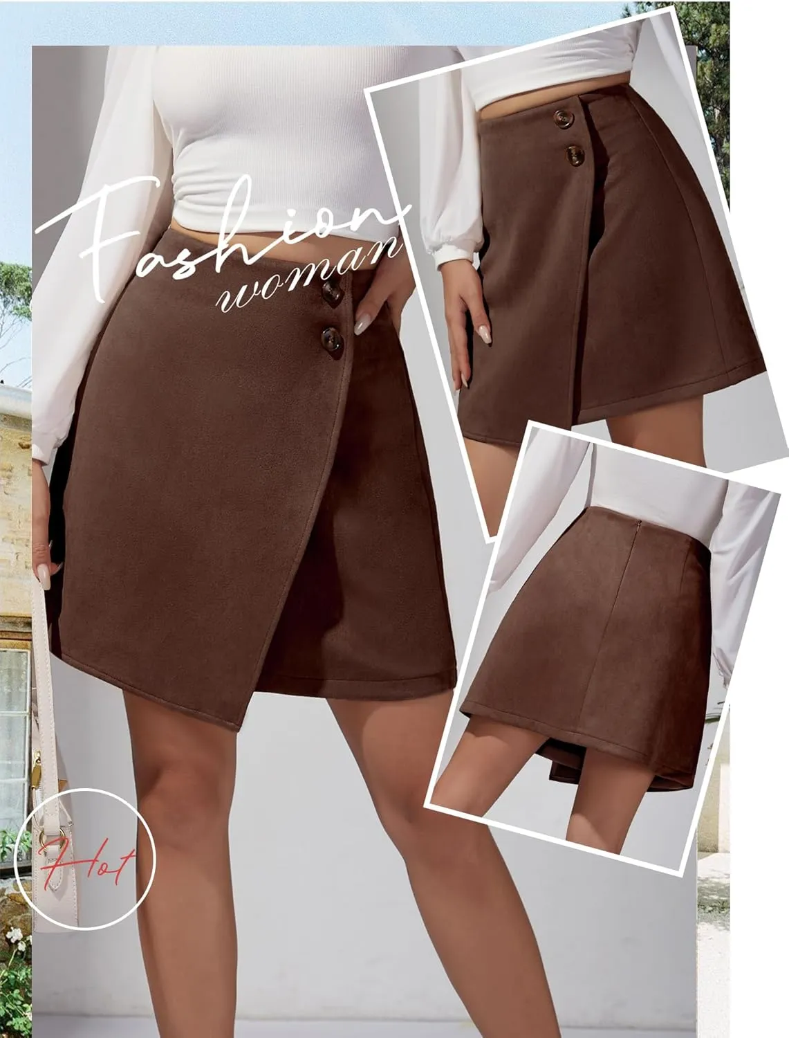 Ezcosplay Women High Waisted Faux Suede Mini Skirt Button Front Asymmetrical Hem A Line Short Skirt