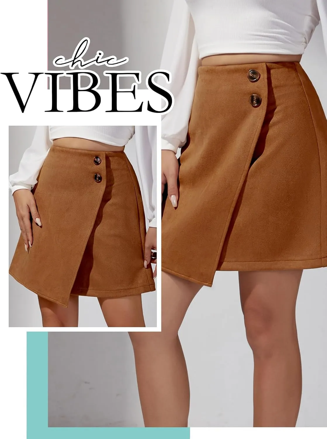Ezcosplay Women High Waisted Faux Suede Mini Skirt Button Front Asymmetrical Hem A Line Short Skirt