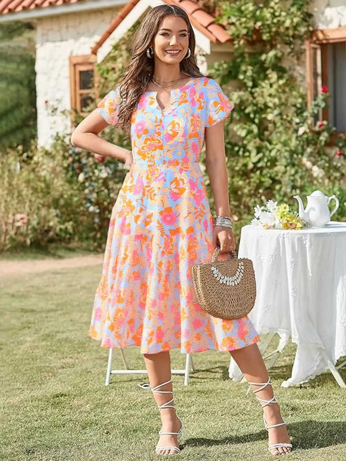 Fashionme Womens Summer Dresses Casual Petal Sleeve Floral Patchwork Knee Length V Neck Tiered Button Down with Pockets