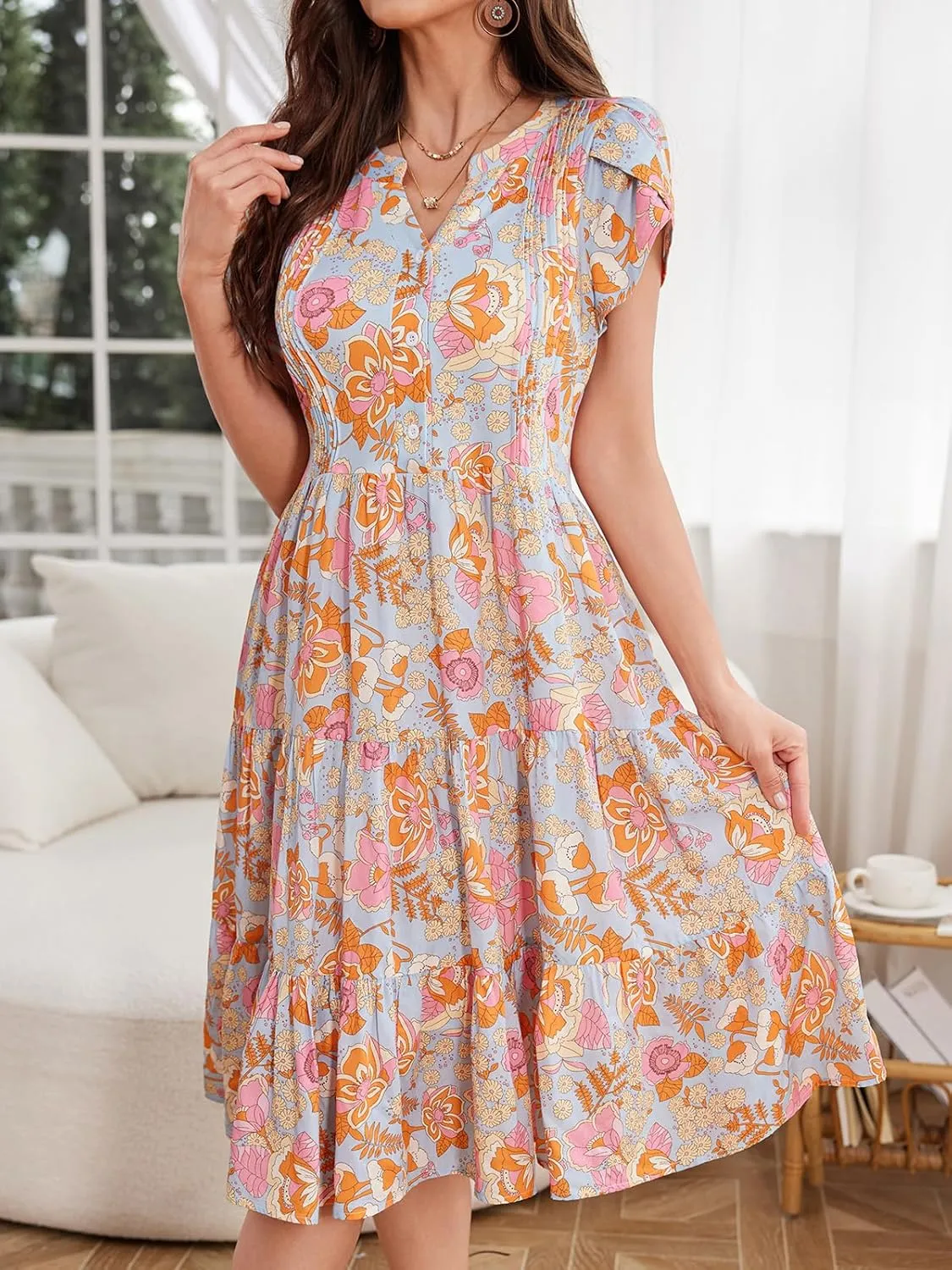Fashionme Womens Summer Dresses Casual Petal Sleeve Floral Patchwork Knee Length V Neck Tiered Button Down with Pockets