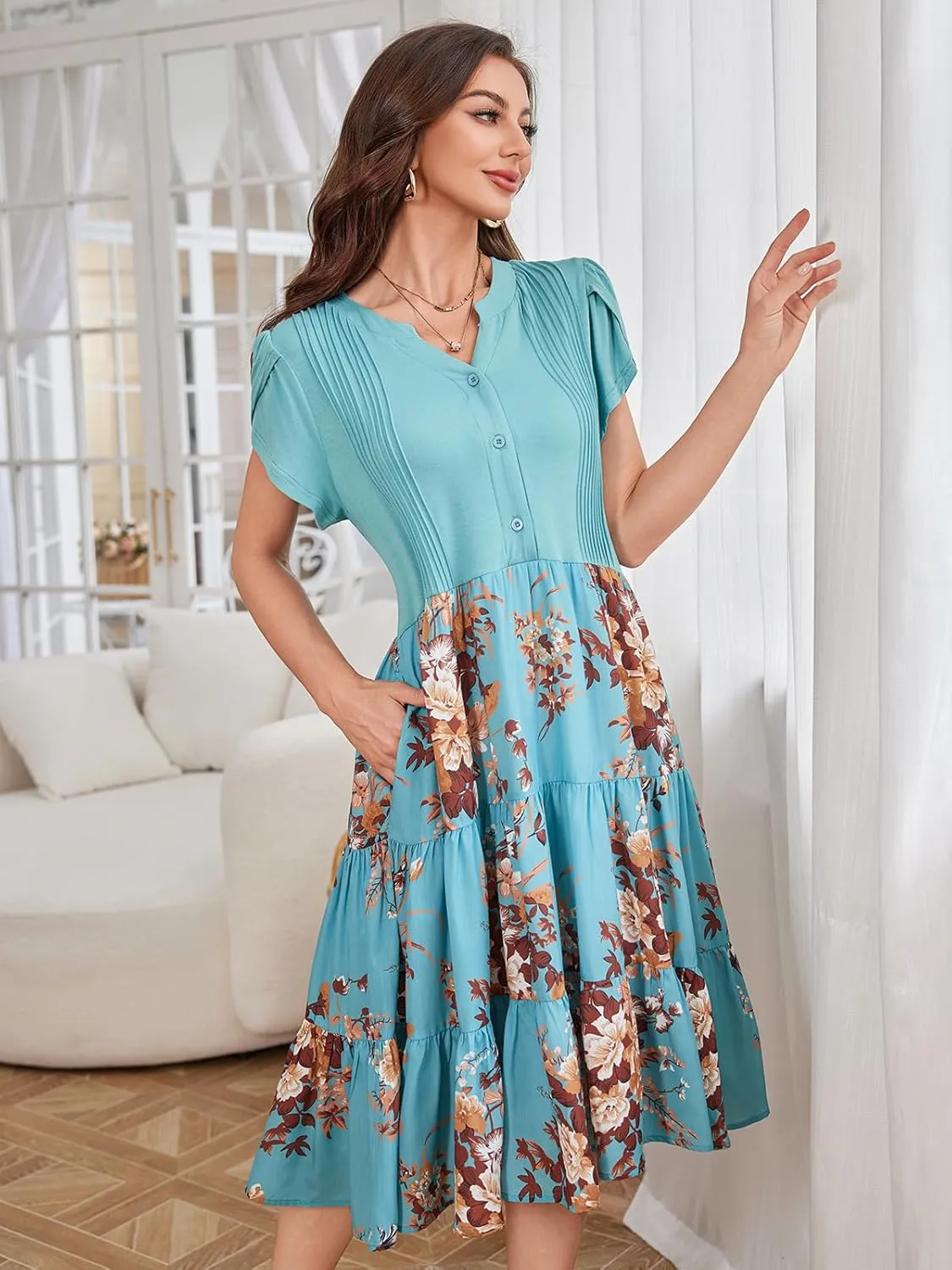 Fashionme Womens Summer Dresses Casual Petal Sleeve Floral Patchwork Knee Length V Neck Tiered Button Down with Pockets