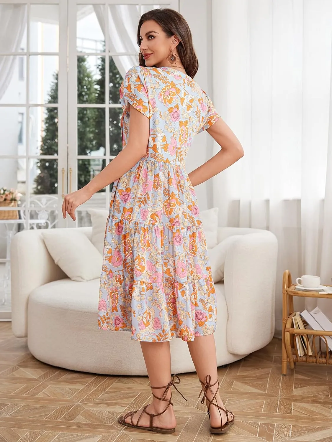 Fashionme Womens Summer Dresses Casual Petal Sleeve Floral Patchwork Knee Length V Neck Tiered Button Down with Pockets