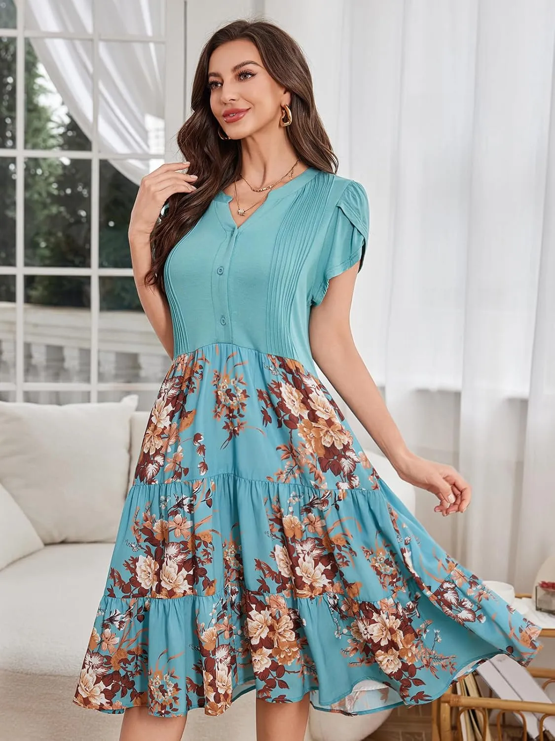 Fashionme Womens Summer Dresses Casual Petal Sleeve Floral Patchwork Knee Length V Neck Tiered Button Down with Pockets