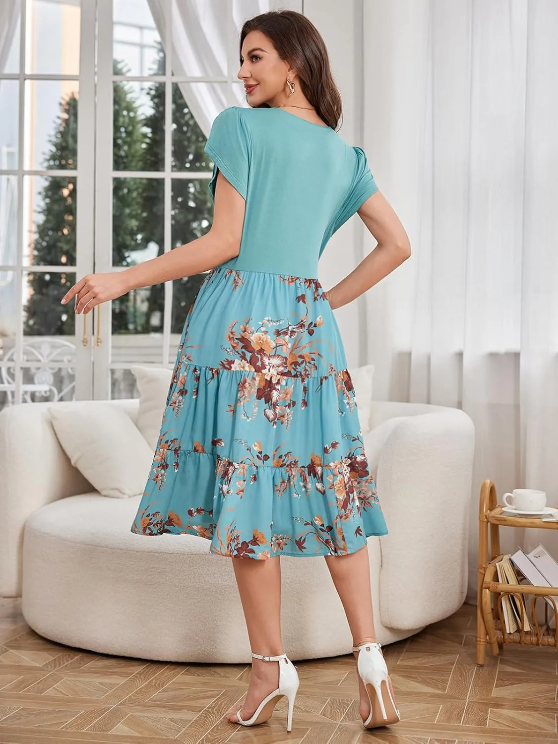 Fashionme Womens Summer Dresses Casual Petal Sleeve Floral Patchwork Knee Length V Neck Tiered Button Down with Pockets