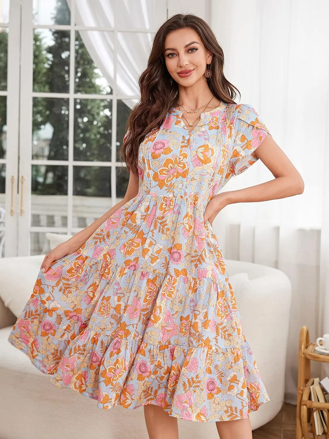 Fashionme Womens Summer Dresses Casual Petal Sleeve Floral Patchwork Knee Length V Neck Tiered Button Down with Pockets