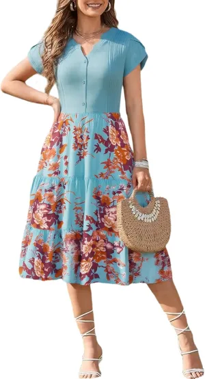 Fashionme Womens Summer Dresses Casual Petal Sleeve Floral Patchwork Knee Length V Neck Tiered Button Down with Pockets