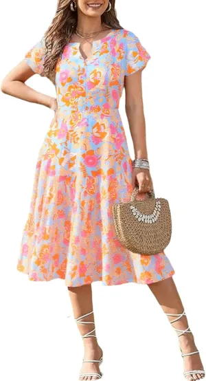 Fashionme Womens Summer Dresses Casual Petal Sleeve Floral Patchwork Knee Length V Neck Tiered Button Down with Pockets