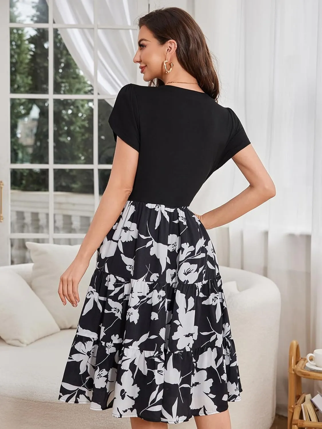 Fashionme Womens Summer Dresses Casual Petal Sleeve Floral Patchwork Knee Length V Neck Tiered Button Down with Pockets