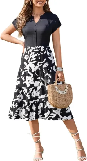 Fashionme Womens Summer Dresses Casual Petal Sleeve Floral Patchwork Knee Length V Neck Tiered Button Down with Pockets