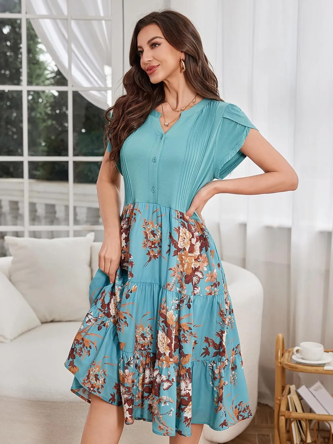 Fashionme Womens Summer Dresses Casual Petal Sleeve Floral Patchwork Knee Length V Neck Tiered Button Down with Pockets
