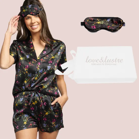 Gift Set - Silk Shorty PJ Set   Silk Sleep Mask - Midnight Garden