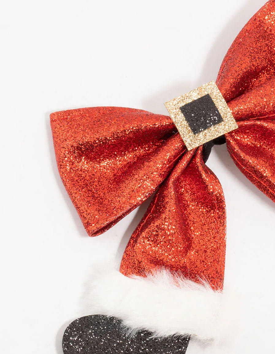 Glittery Santa Fabric Bow Clip