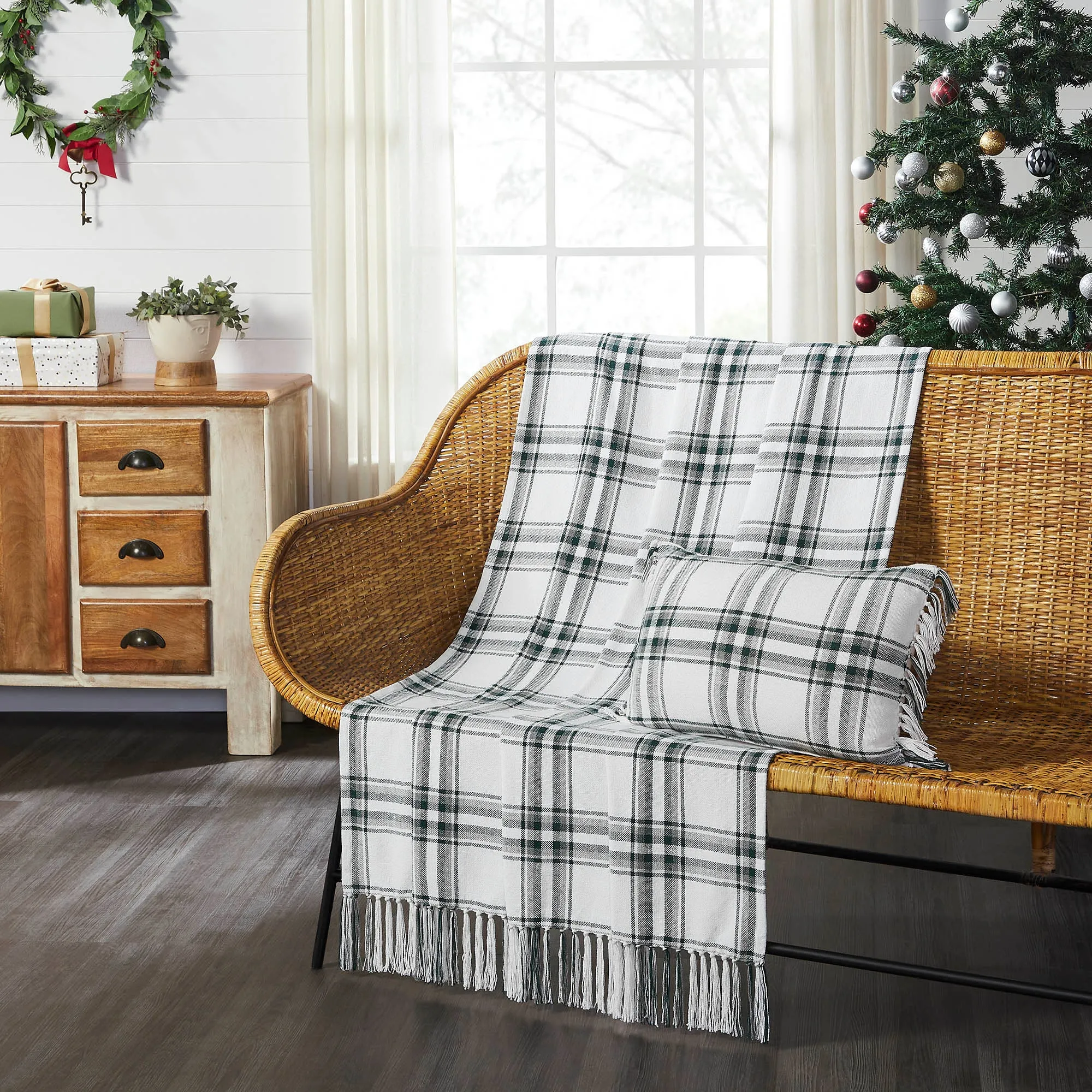 Harper Plaid Green White Runner Fringed