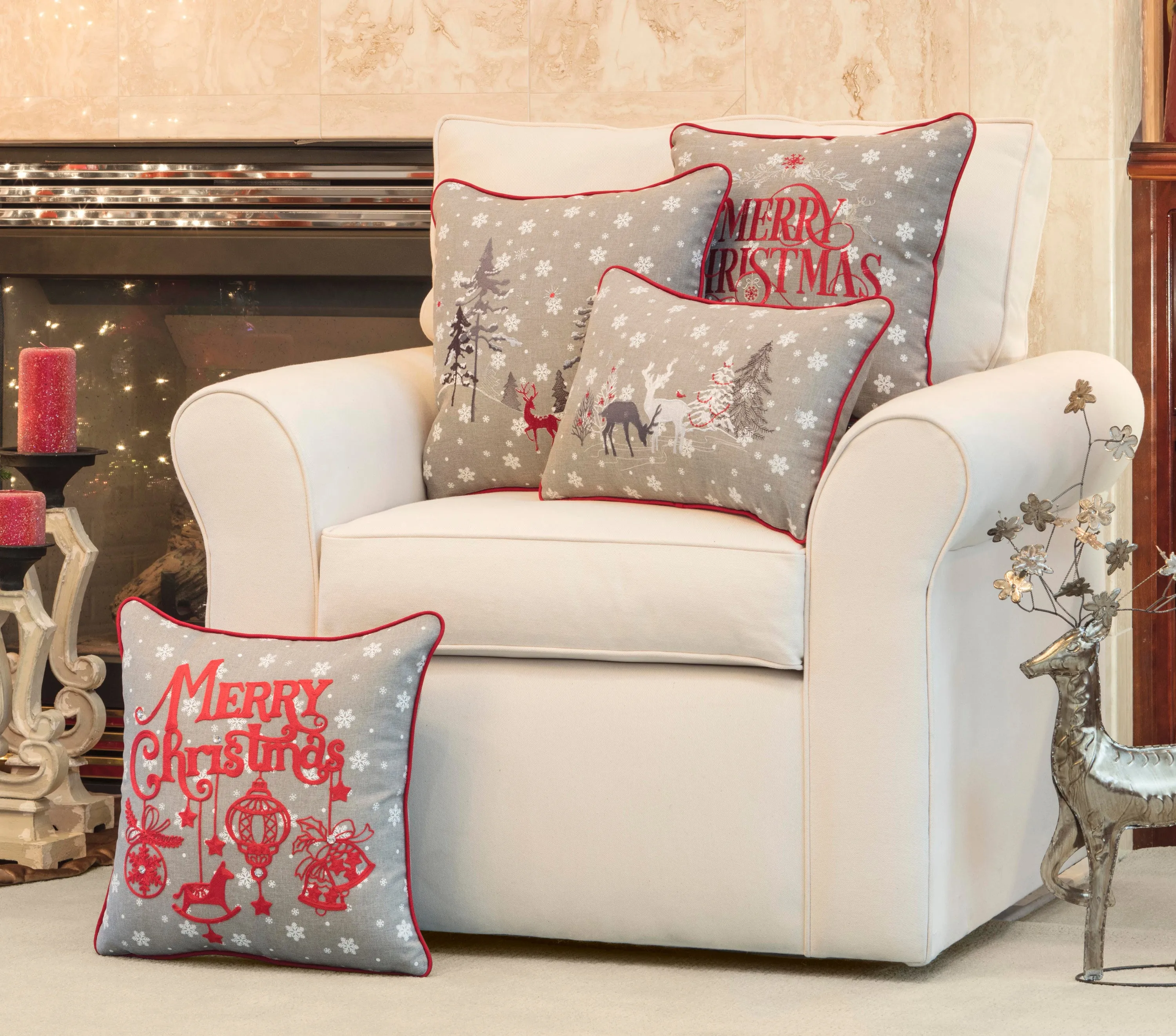 Indoor White Christmas Grey Rectangular Throw Pillow