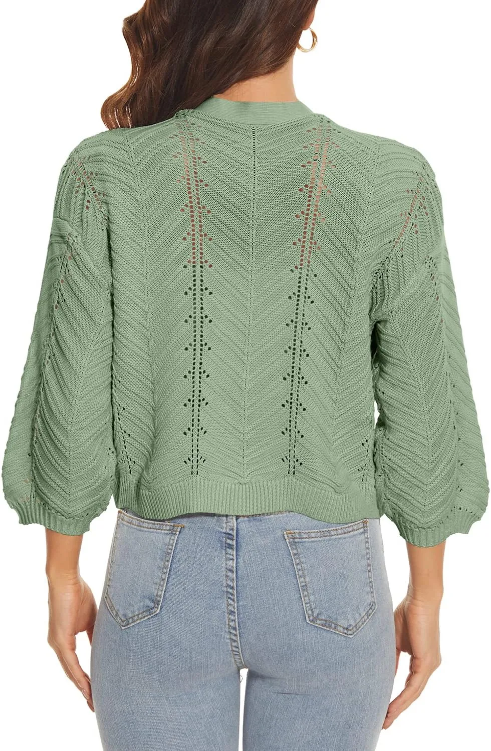 Jumppmile Womens 3/4 Sleeve Soft Crochet Cardigan Batwing Open Front Shrugs Cropped Sweater