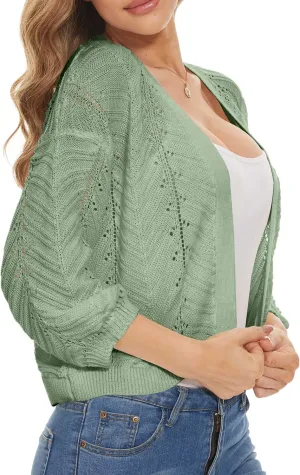 Jumppmile Womens 3/4 Sleeve Soft Crochet Cardigan Batwing Open Front Shrugs Cropped Sweater