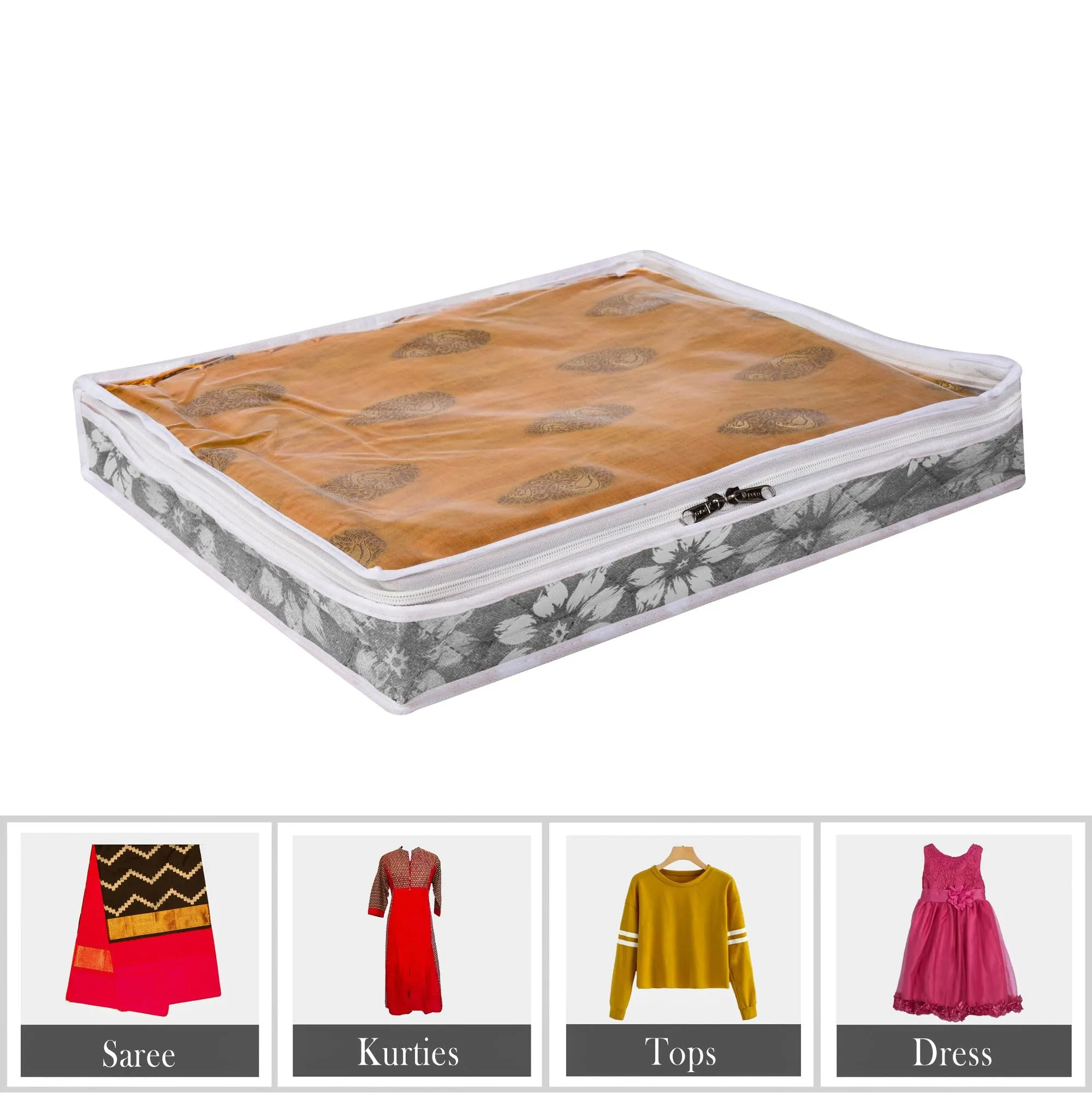 Kuber Industries Saree Storage Bag | Waterproof Saree Bag | Wardrobe Storage Bag | Top Visible Window Saree Bag | Cloth Organizer | Flower Quilted Storage Bag | 3 Inch | Pack of 2 | Gray
