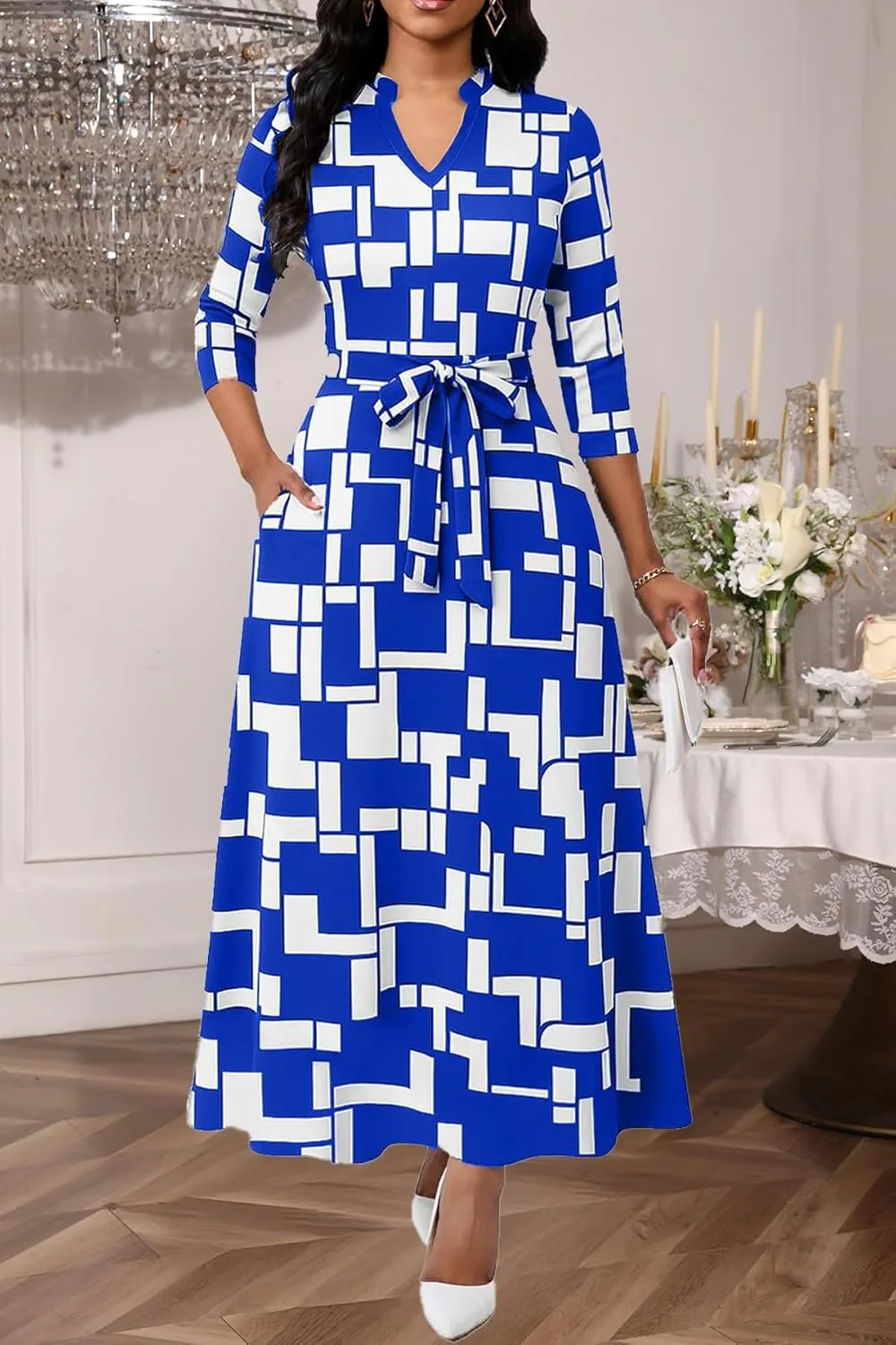 Maxi Dresses for Women Semi Formal Long Dress 3/4 Sleeve Casual A-line Church Dresses with Pockets