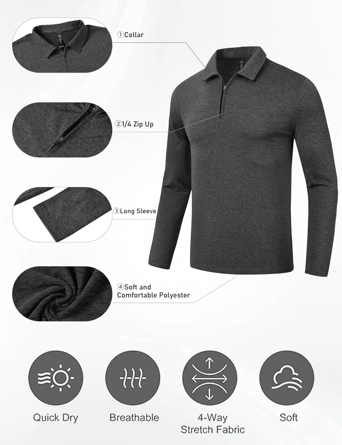 MoFiz Lightweight Men's Long Sleeve Polo Shirts Quarter Zipper Pullover Men's Polo Shirts