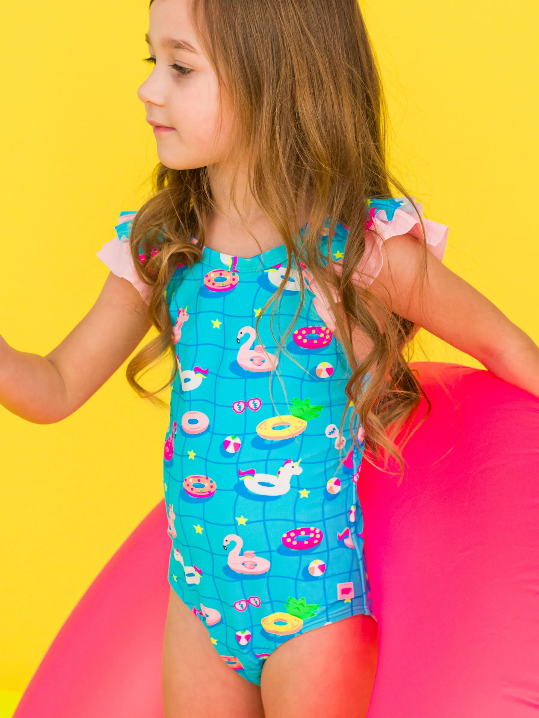Neon Pool Party Ruffle V-Back One Piece Swimsuit