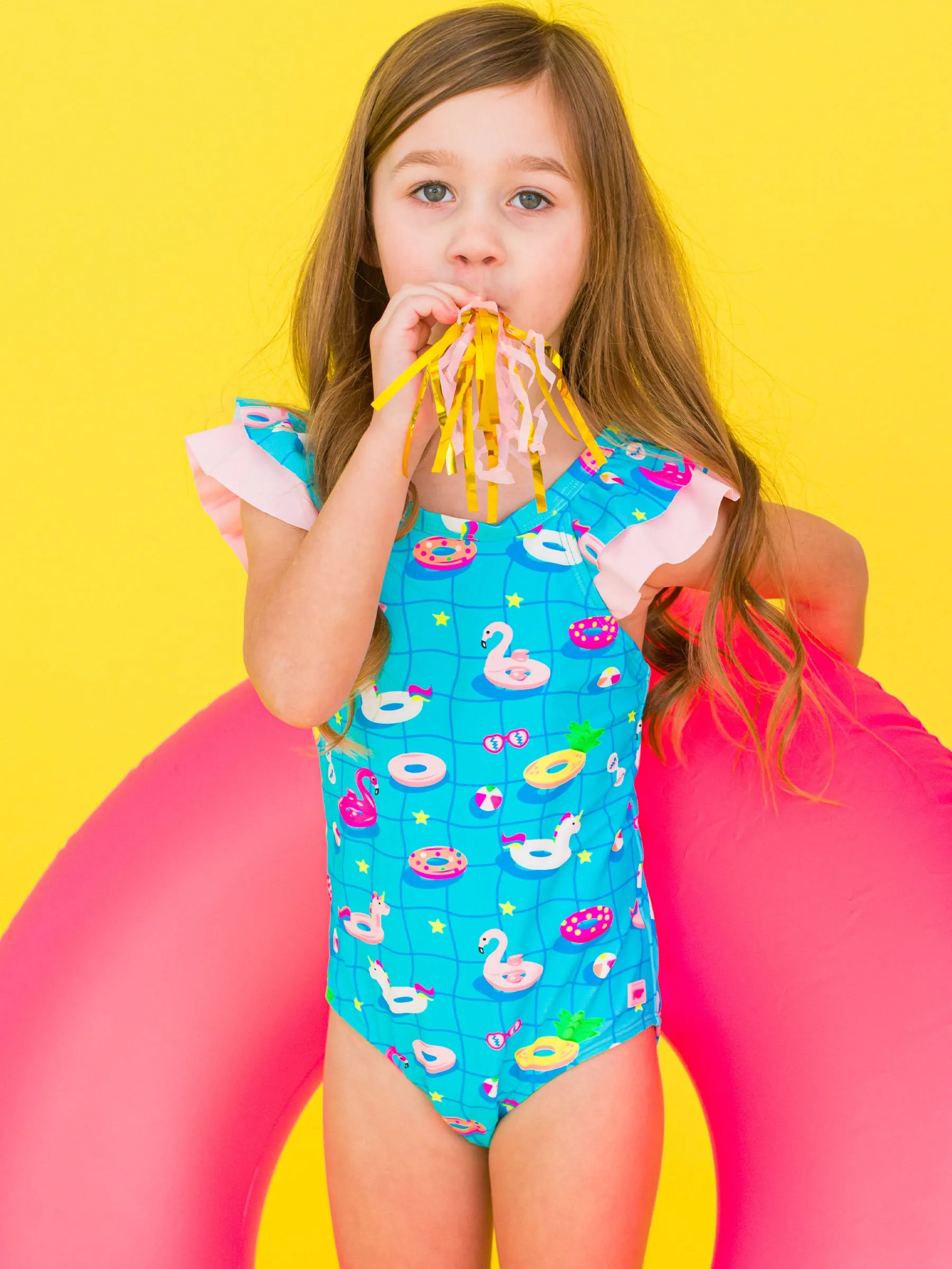 Neon Pool Party Ruffle V-Back One Piece Swimsuit