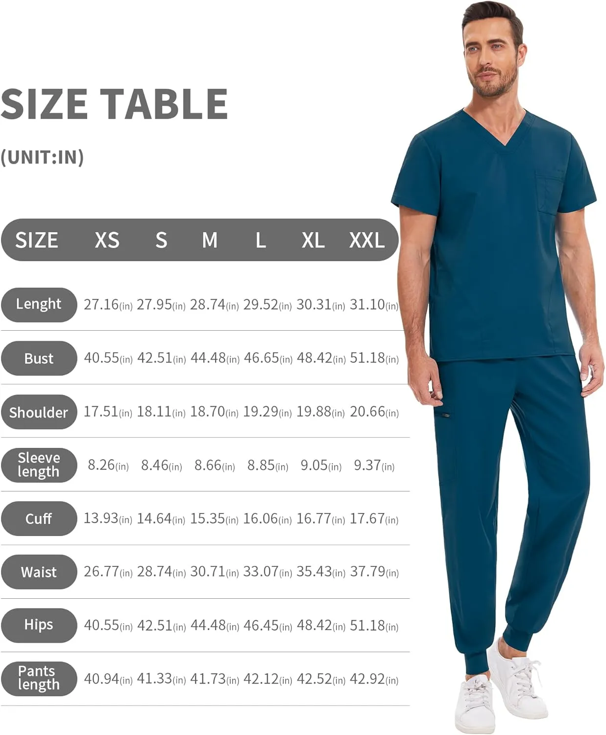 niaahinn Men Scrub Set-Stretch V-Neck Scrub Top & Jogger Pant with 9 Pockets, Yoga Waistband, Anti-Wrinkle Scrubs for Men