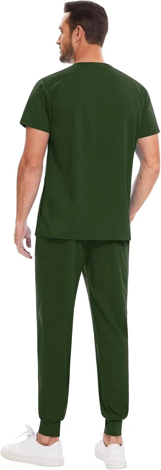 niaahinn Men Scrub Set-Stretch V-Neck Scrub Top & Jogger Pant with 9 Pockets, Yoga Waistband, Anti-Wrinkle Scrubs for Men