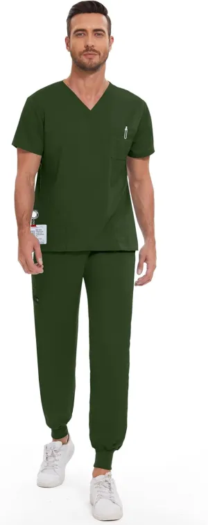 niaahinn Men Scrub Set-Stretch V-Neck Scrub Top & Jogger Pant with 9 Pockets, Yoga Waistband, Anti-Wrinkle Scrubs for Men