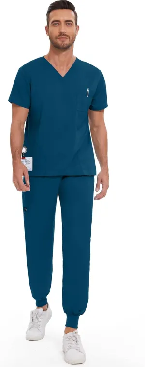 niaahinn Men Scrub Set-Stretch V-Neck Scrub Top & Jogger Pant with 9 Pockets, Yoga Waistband, Anti-Wrinkle Scrubs for Men