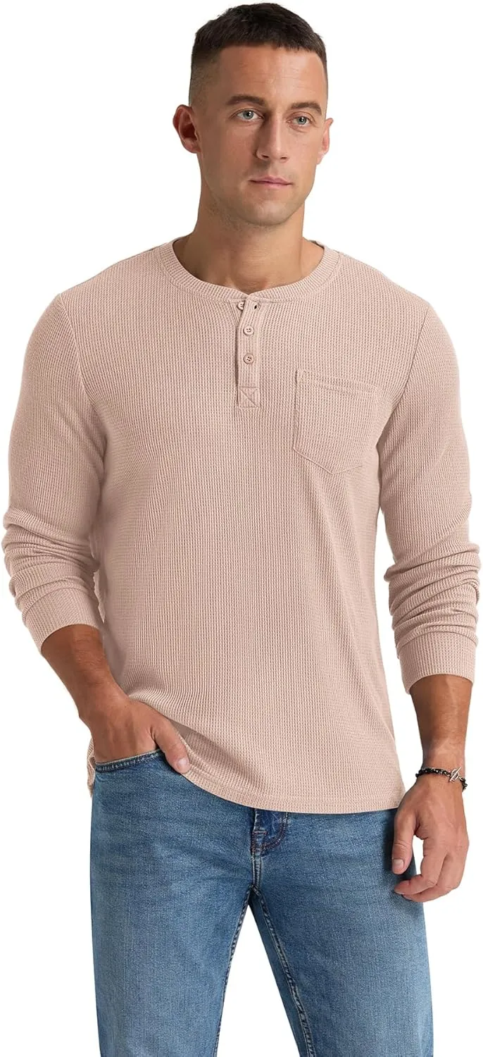 NITAGUT Mens Waffle Henley Shirts Long Sleeve T Shirts Casual T-Shirt with Pocket