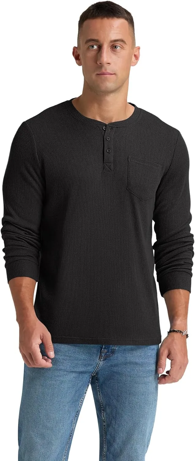 NITAGUT Mens Waffle Henley Shirts Long Sleeve T Shirts Casual T-Shirt with Pocket