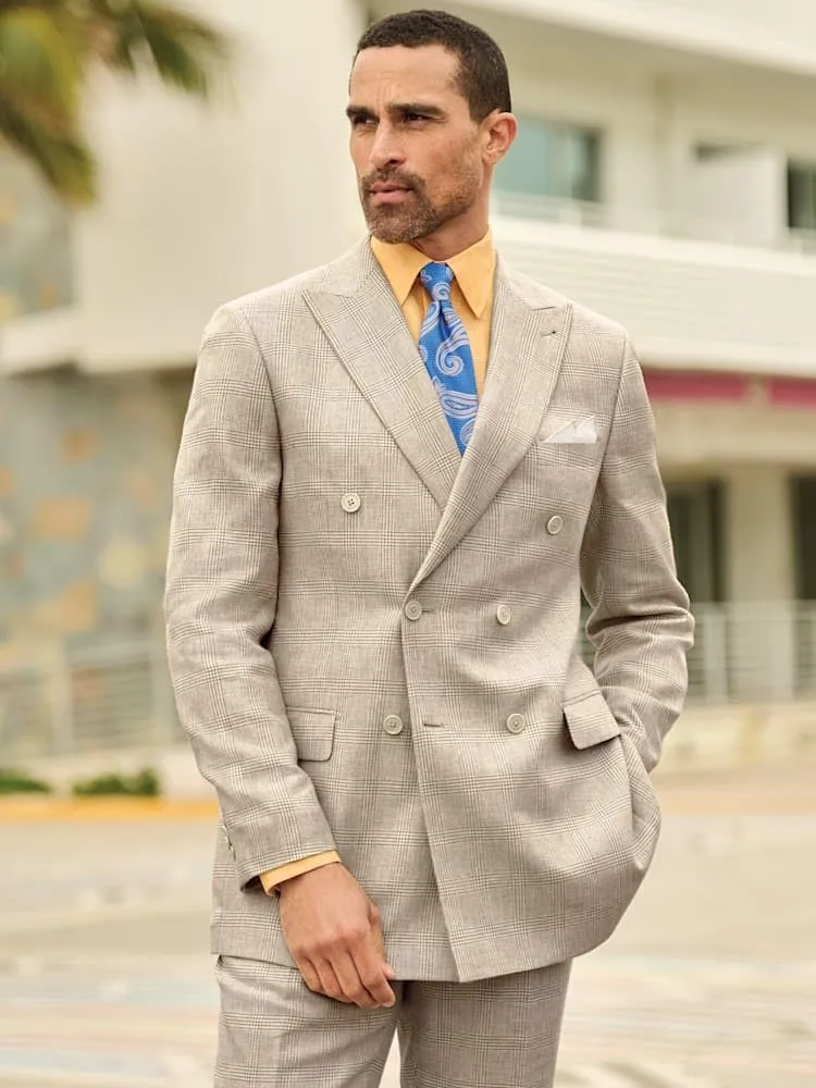 Paul Fredrick Men's Linen Blend Plaid Double Breasted Peak Lapel Suit Jacket