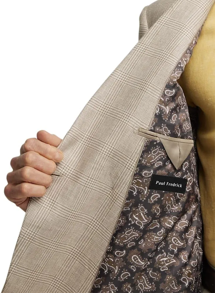 Paul Fredrick Men's Linen Blend Plaid Double Breasted Peak Lapel Suit Jacket