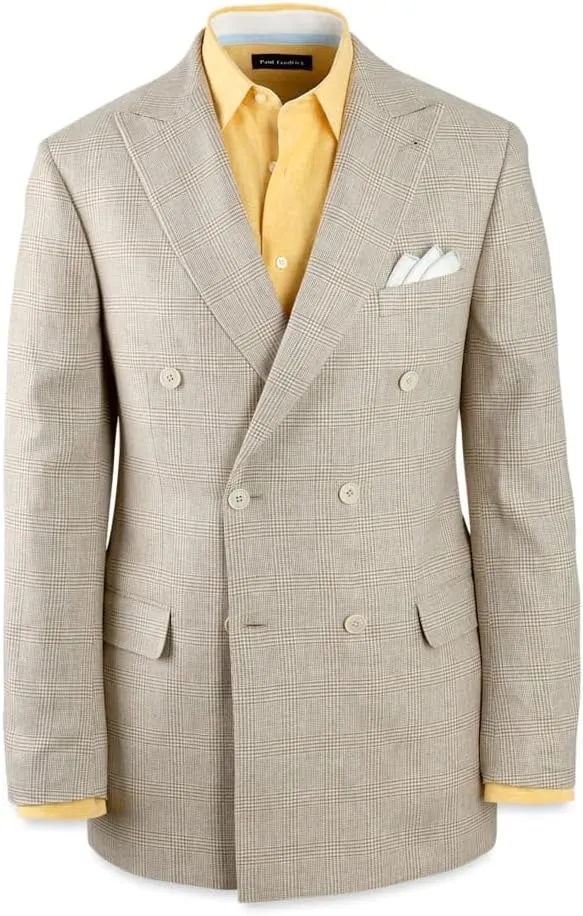 Paul Fredrick Men's Linen Blend Plaid Double Breasted Peak Lapel Suit Jacket