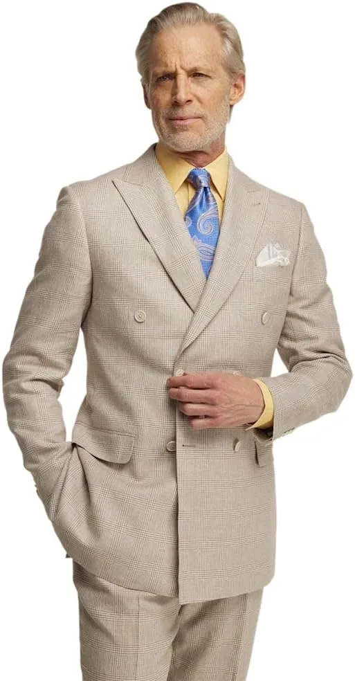 Paul Fredrick Men's Linen Blend Plaid Double Breasted Peak Lapel Suit Jacket