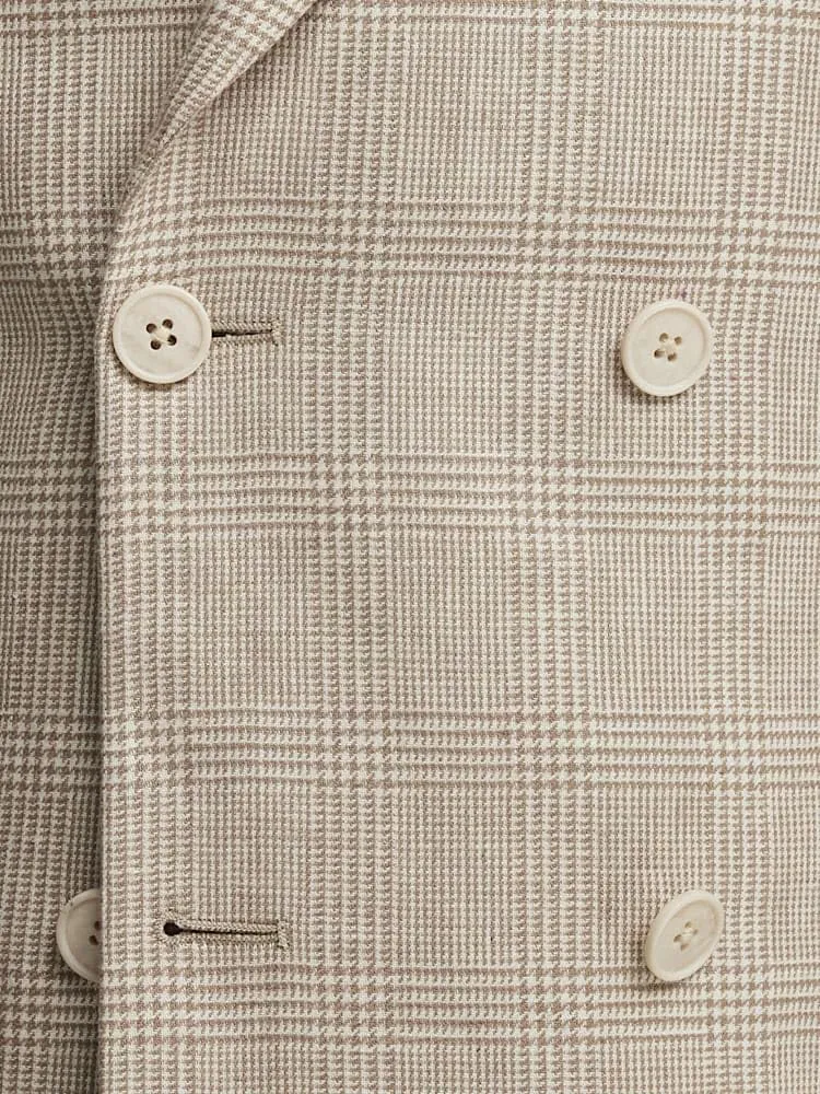 Paul Fredrick Men's Linen Blend Plaid Double Breasted Peak Lapel Suit Jacket